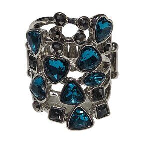 Statement Stacked Gemstone Ring Blue Black Stones Silver Tone Stretch Jewelry